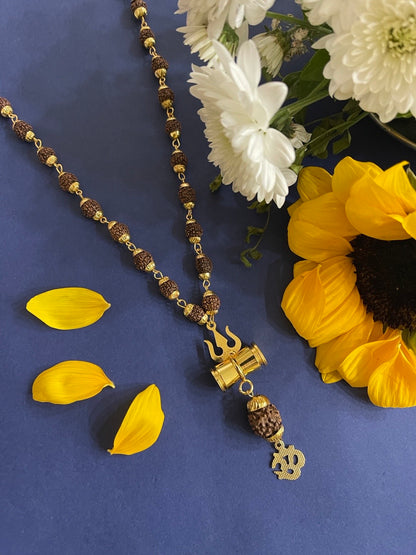 Gold Plated Dark Brown Rudraksha Mala Trishul Damaru With Om Pendant Necklace