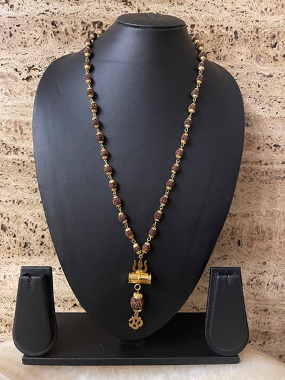 Gold Plated Dark Brown Rudraksha Mala Trishul Damaru With Om Pendant Necklace