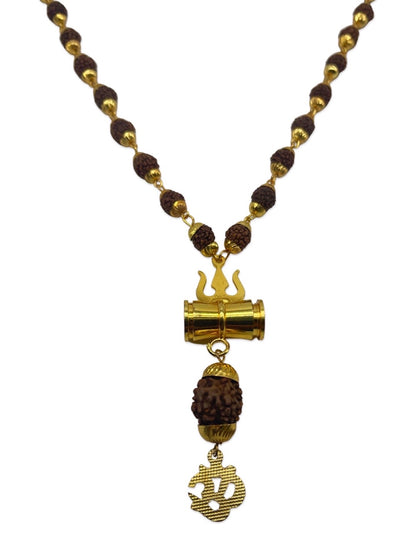 Gold Plated Dark Brown Rudraksha Mala Trishul Damaru With Om Pendant Necklace