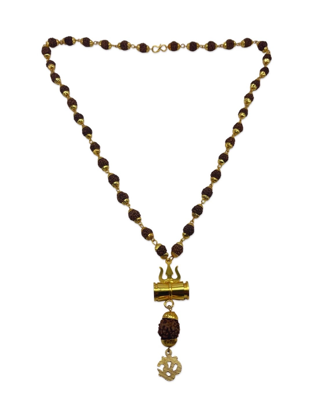 Gold Plated Dark Brown Rudraksha Mala Trishul Damaru With Om Pendant Necklace