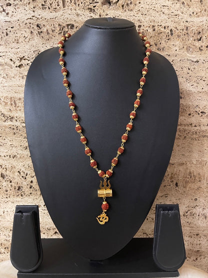 Gold Plated Rudraksha Mala  Trishul Damaru With Om Pendant Necklace