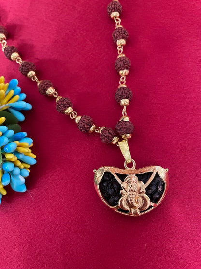 Gold Plated Rudraksha Mala Lord Ganesha Pendant Design Necklace