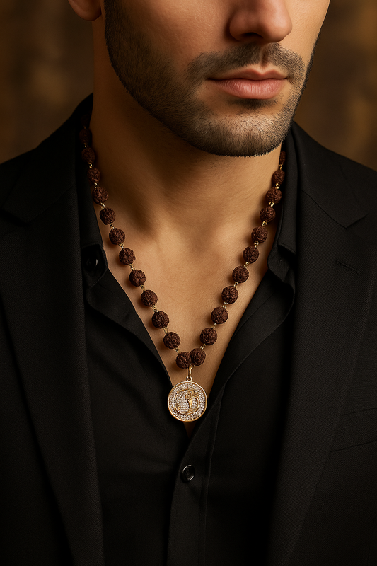 Om AD Round Mens Rudraksha Gold Chain Necklace