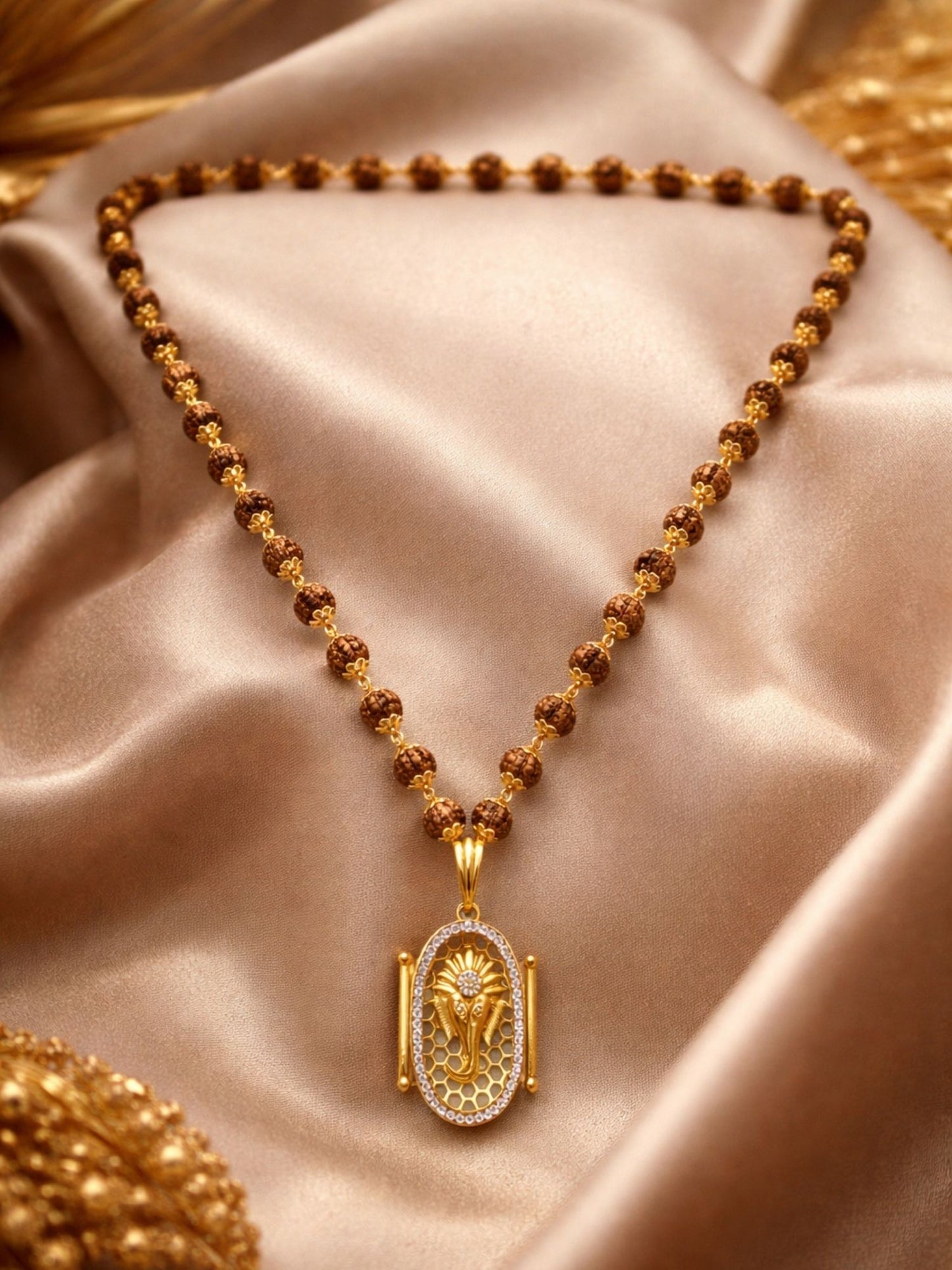 Rudraksha Necklace with Gold-Plated Ganesh Pendant