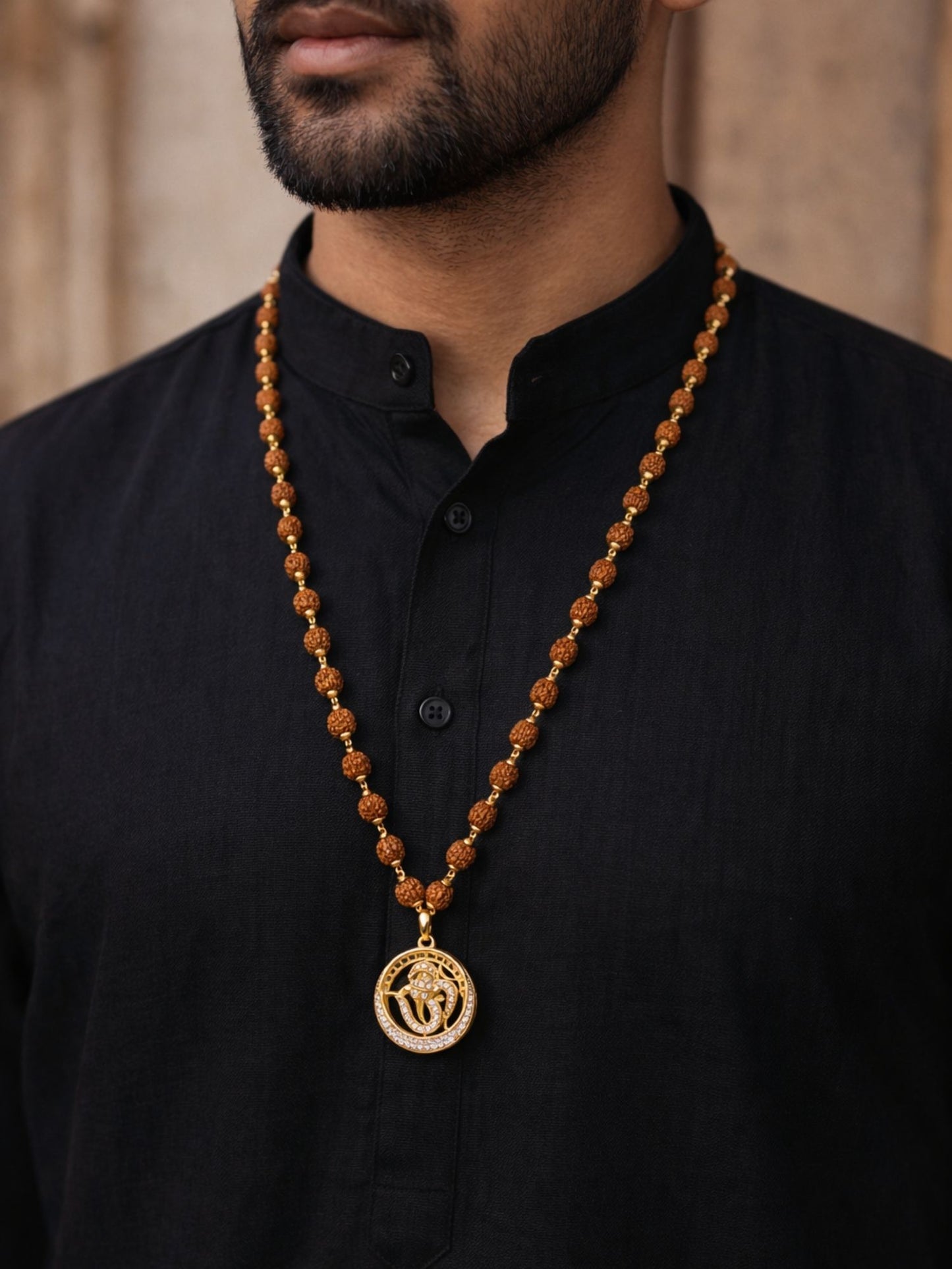 Rudraksha Necklace with American Diamond Ganesh Pendant