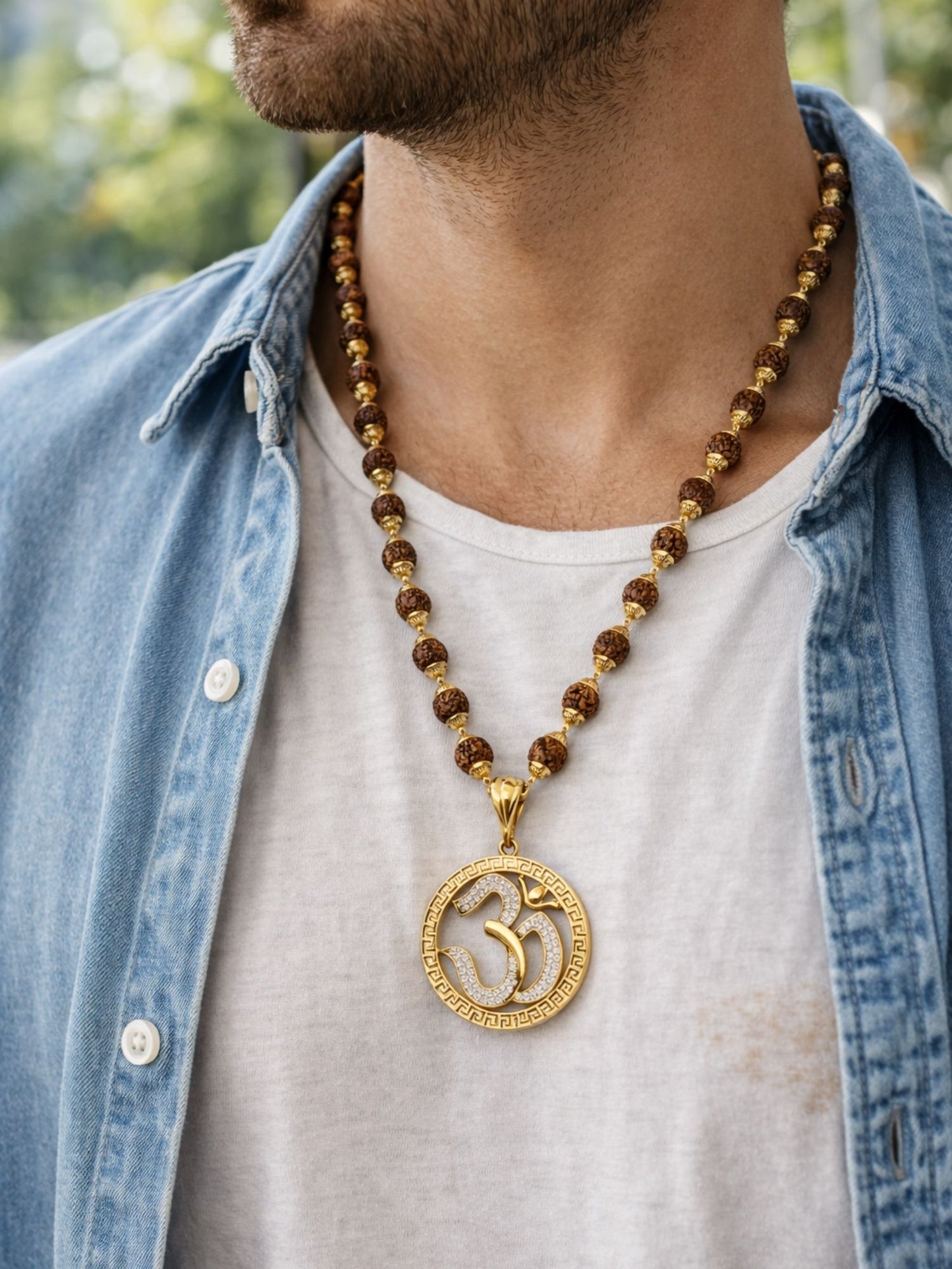 Rudraksha Necklace with American Diamond Om Pendant