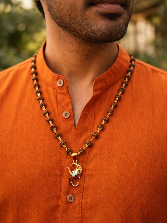 Gold Plated Rudraksha Necklace with Ganesh Pendant