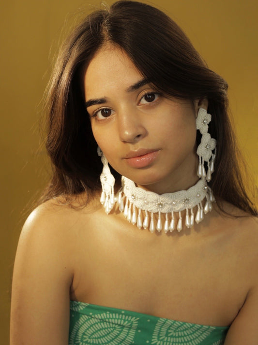 White Beaded Floral Necklace & Earring Set