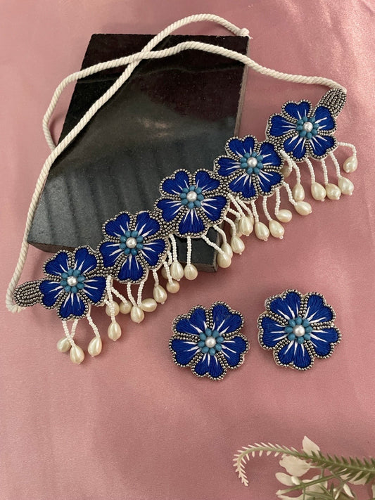 Blue Flower With Pearl Beaded Choker Set