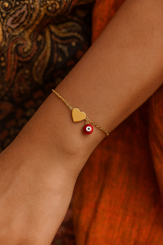 Gold Plated Heart Bracelet with Red Evil Eye Charm