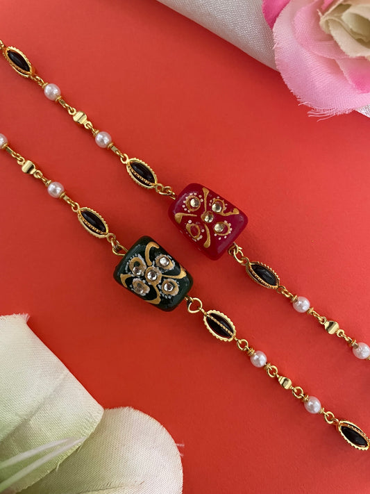 (Set of 2) Red/Green Stone Pearl Bracelet Lumba Rakhi