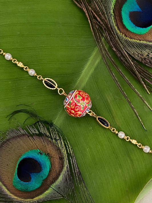 Hand-Painted Red Ball Stone/Pearl Bracelet Lumba Rakhi
