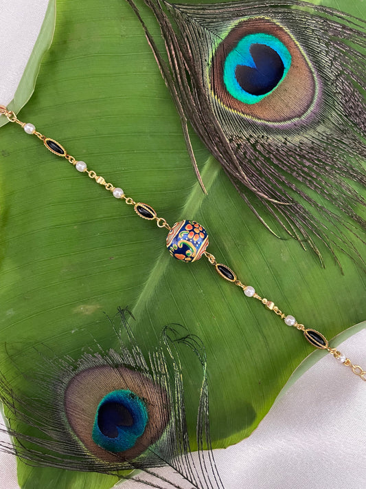 Hand-Painted Blue Ball Stone/Pearl Bracelet Lumba Rakhi