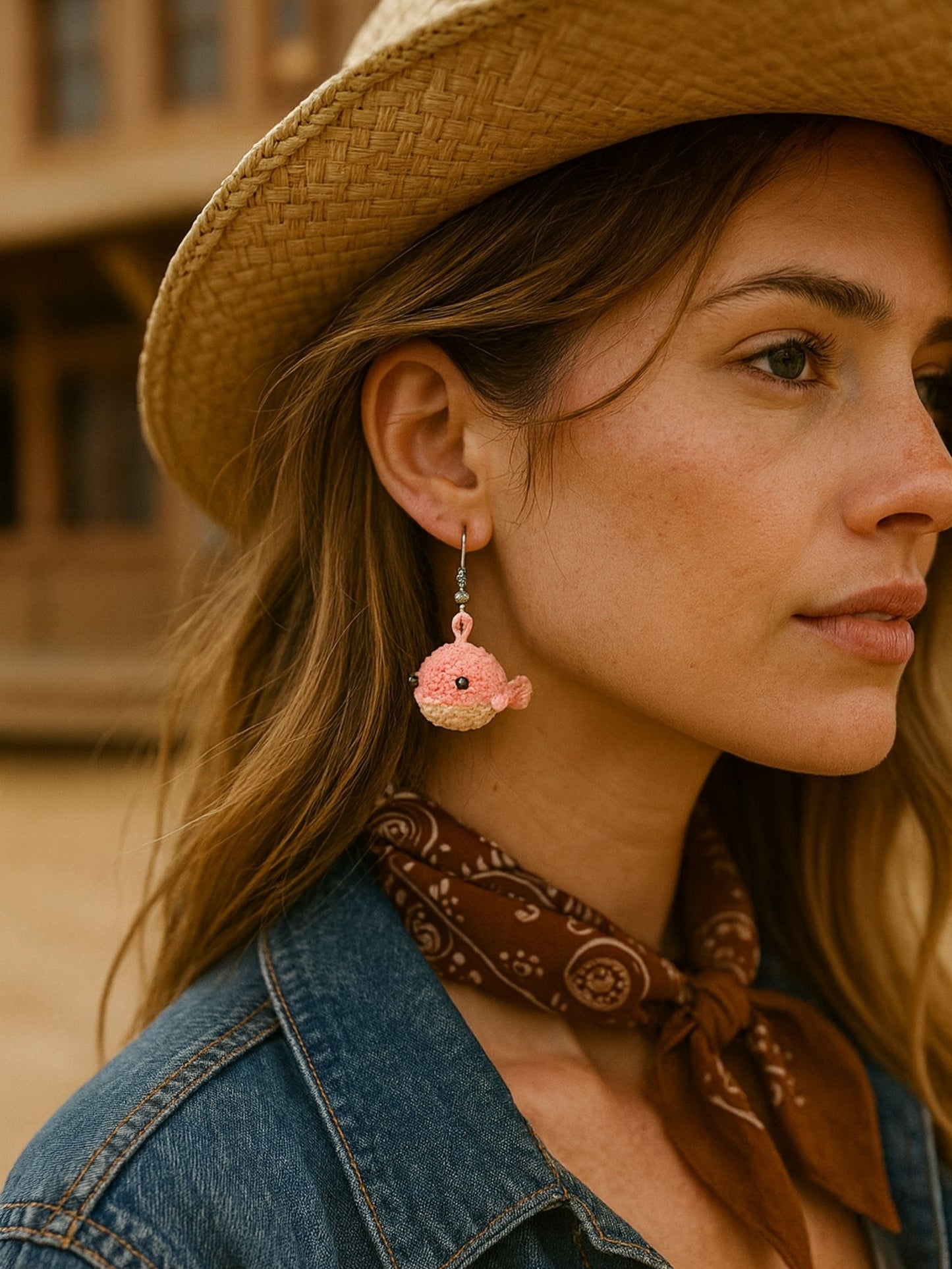 Crochet Pink Woolen Crochet Whale Earrings for Women