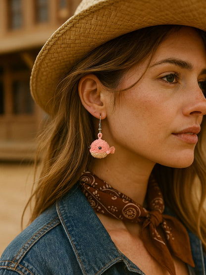 Crochet Pink Woolen Crochet Whale Earrings for Women