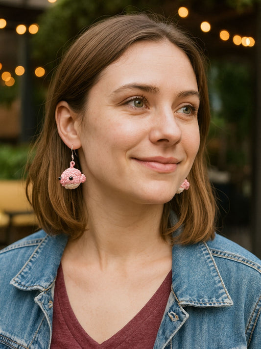 Crochet Pink Woolen Crochet Whale Earrings for Women