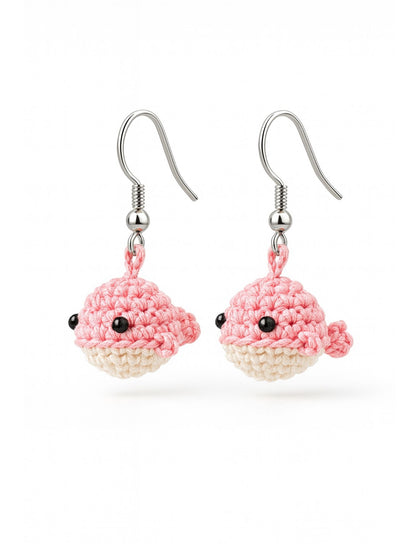 Crochet Pink Woolen Crochet Whale Earrings for Women