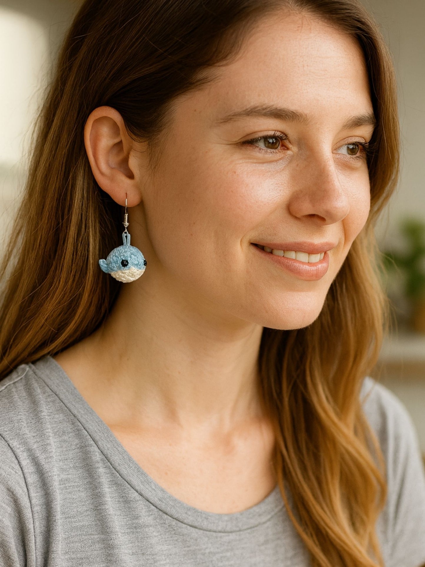 Crochet Woolen Blue Whale Earrings for Women