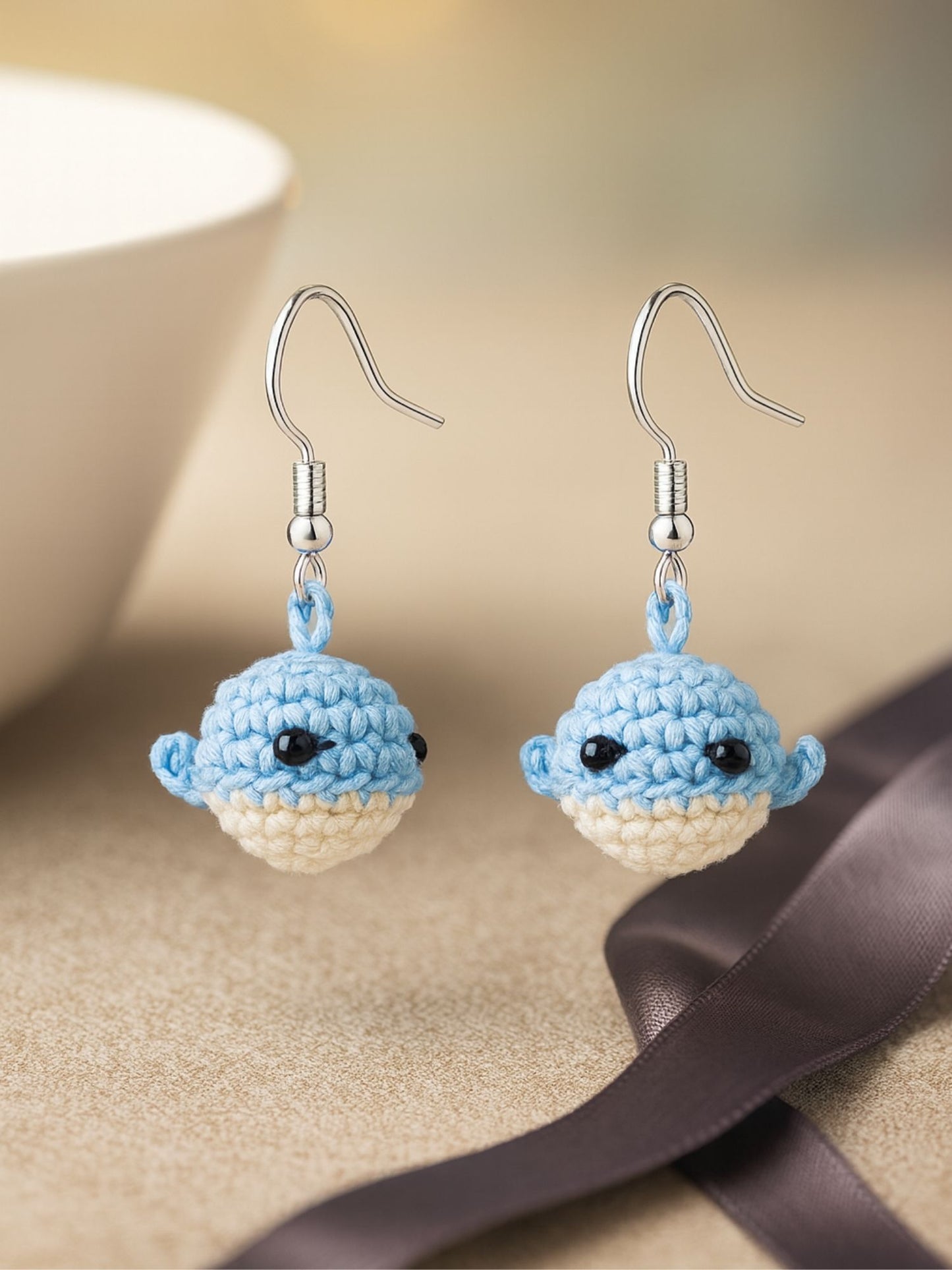 Crochet Woolen Blue Whale Earrings for Women