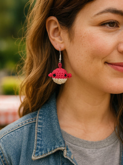 Crochet Woolen Pink Whale Earrings for Women
