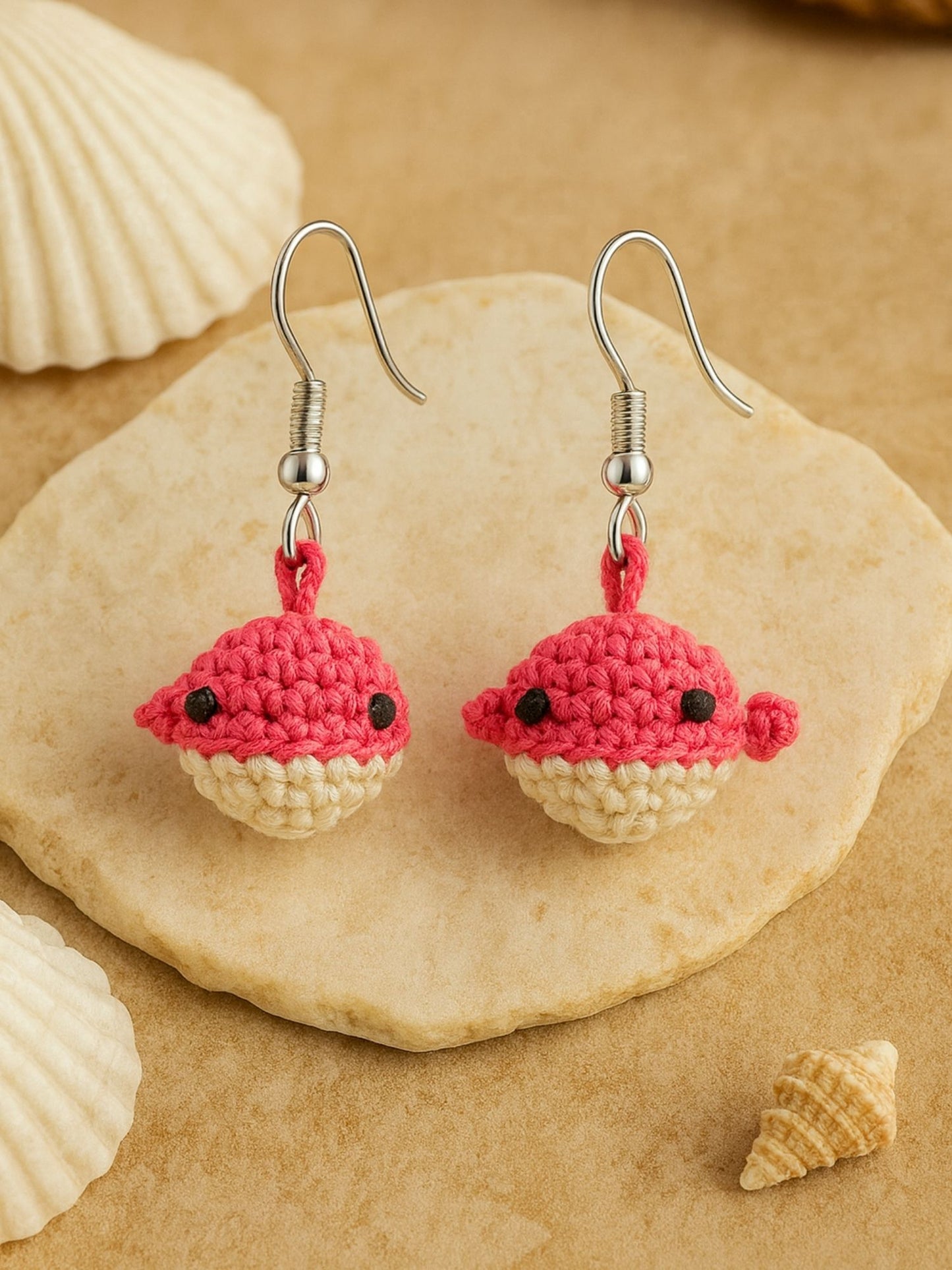 Crochet Woolen Pink Whale Earrings for Women