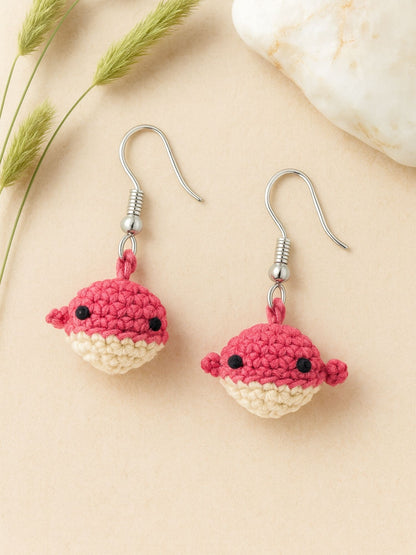 Crochet Woolen Pink Whale Earrings for Women