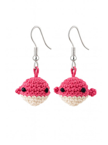 Crochet Woolen Pink Whale Earrings for Women