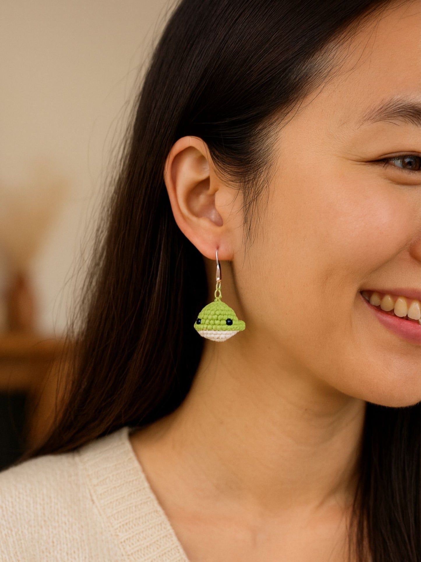 Crochet Woolen Green Whale Earrings for Women