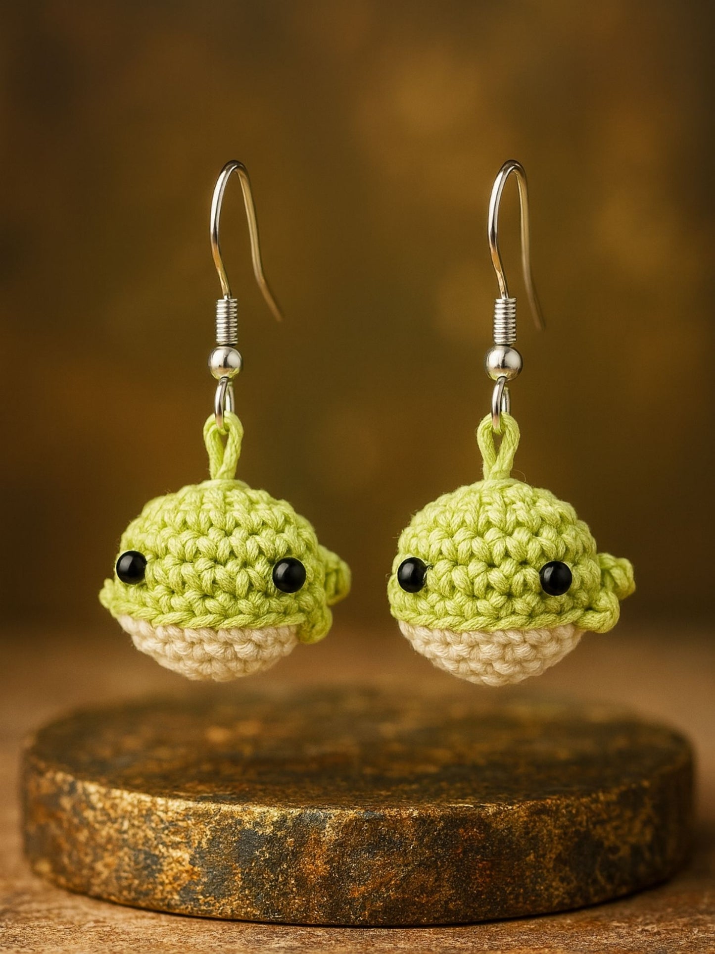 Crochet Woolen Green Whale Earrings for Women