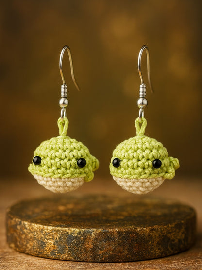 Crochet Woolen Green Whale Earrings for Women
