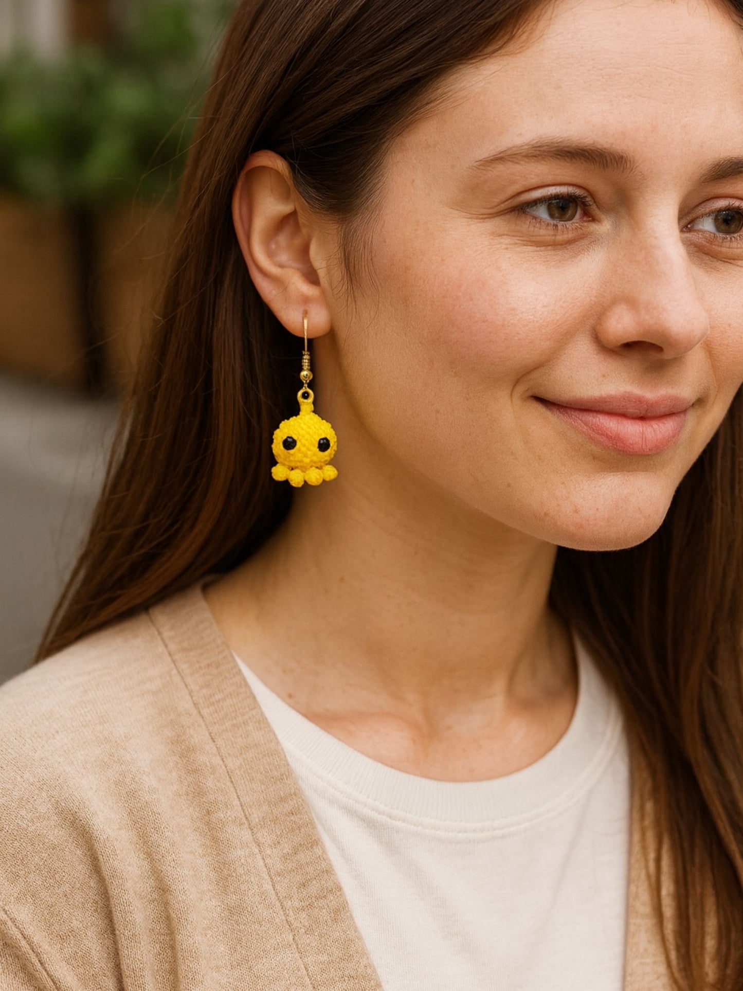 Crochet Woolen Yellow Octopus Earrings for Women