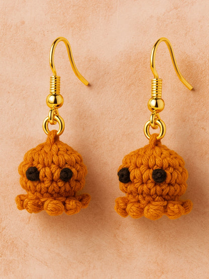 Crochet Woolen Mustard Octopus Earrings for Women