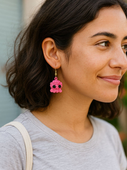 Crochet Woolen Pink Octopus Earrings for Women