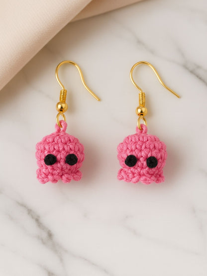 Crochet Woolen Pink Octopus Earrings for Women