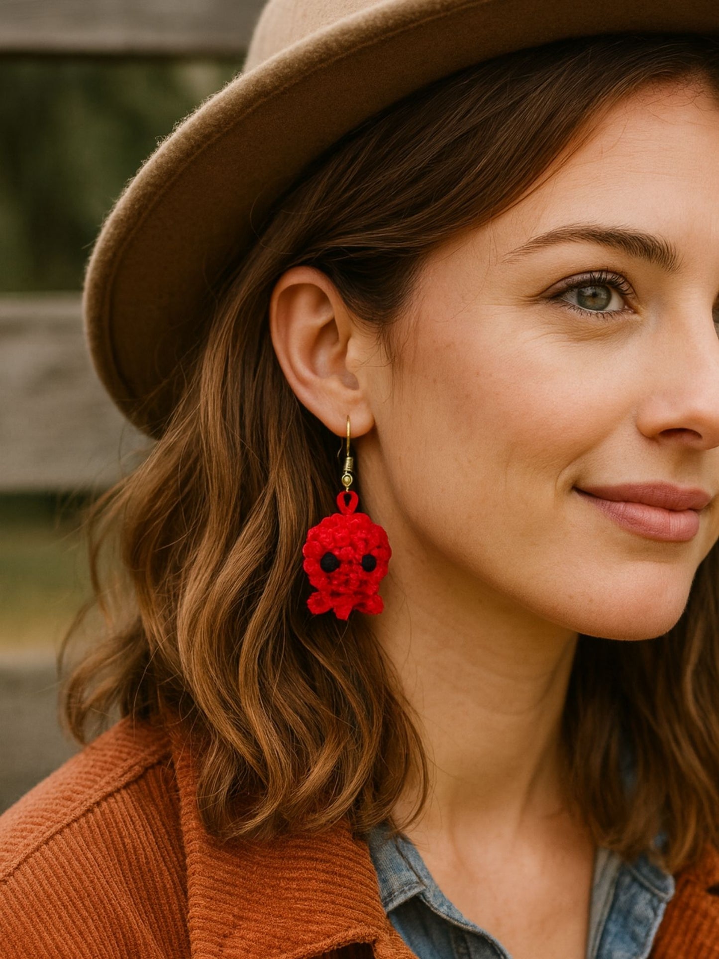 Crochet Woolen Red Octopus Earrings for Women