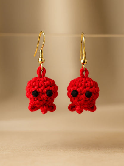 Crochet Woolen Red Octopus Earrings for Women