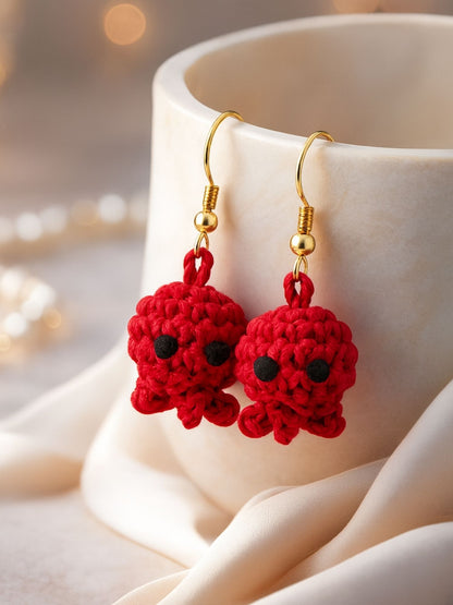 Crochet Woolen Red Octopus Earrings for Women