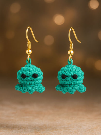 Crochet Woolen Teal Octopus Earrings for Women