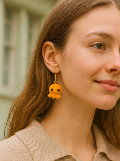 Crochet Woolen Orange Octopus Earrings for Women