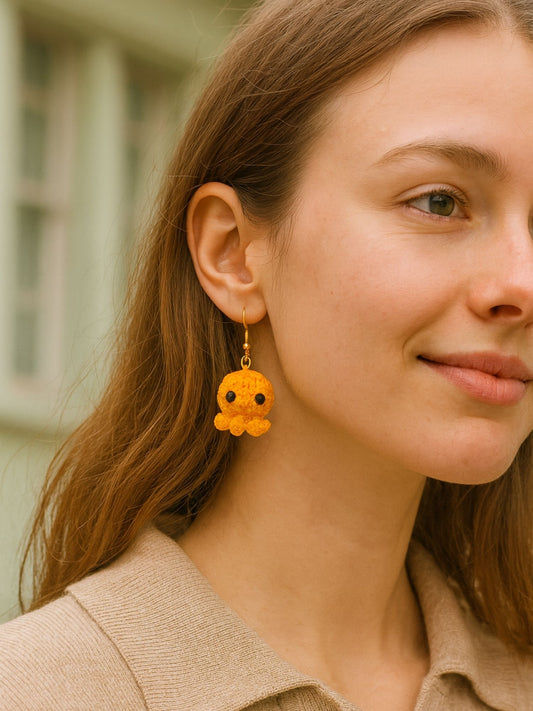 Crochet Woolen Orange Octopus Earrings for Women