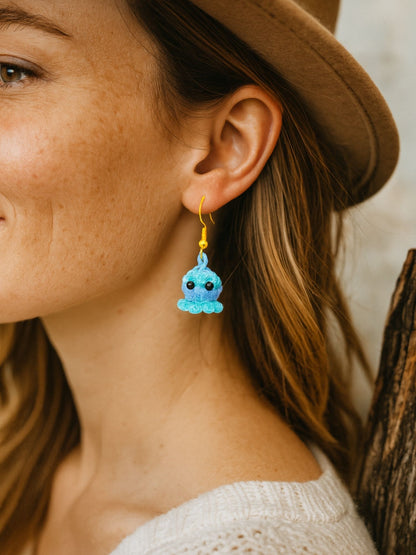 Crochet Woolen Blue Mint Octopus Earrings