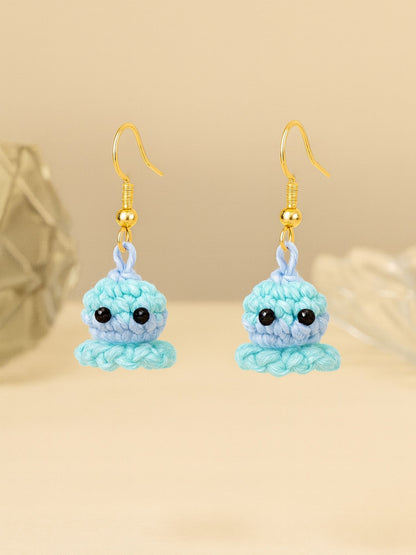 Crochet Woolen Blue Mint Octopus Earrings