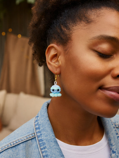 Crochet Woolen Blue Mint Octopus Earrings