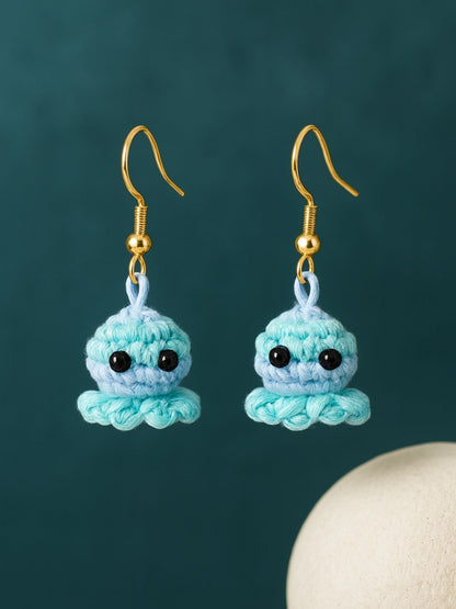 Crochet Woolen Blue Mint Octopus Earrings