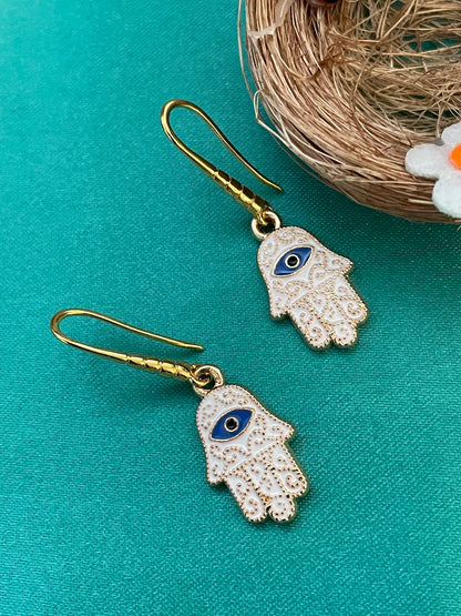 White Hamsa Evil Eye Dangler Earrings