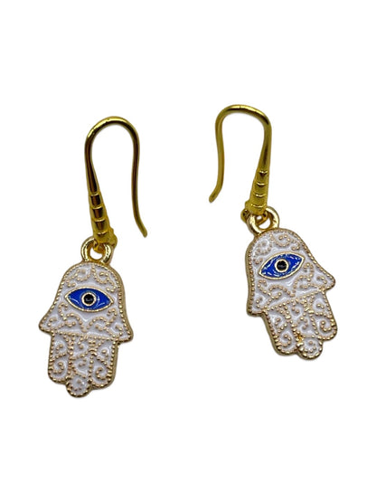 White Hamsa Evil Eye Dangler Earrings