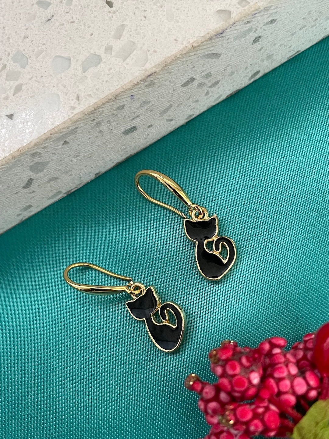 Mini Black Cat Design Dangler Earrings