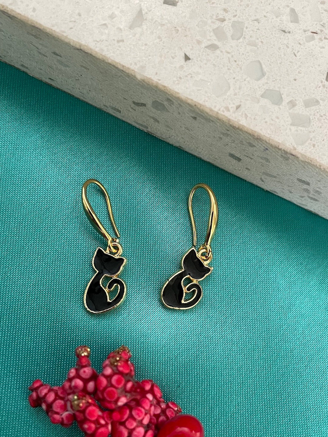 Mini Black Cat Design Dangler Earrings