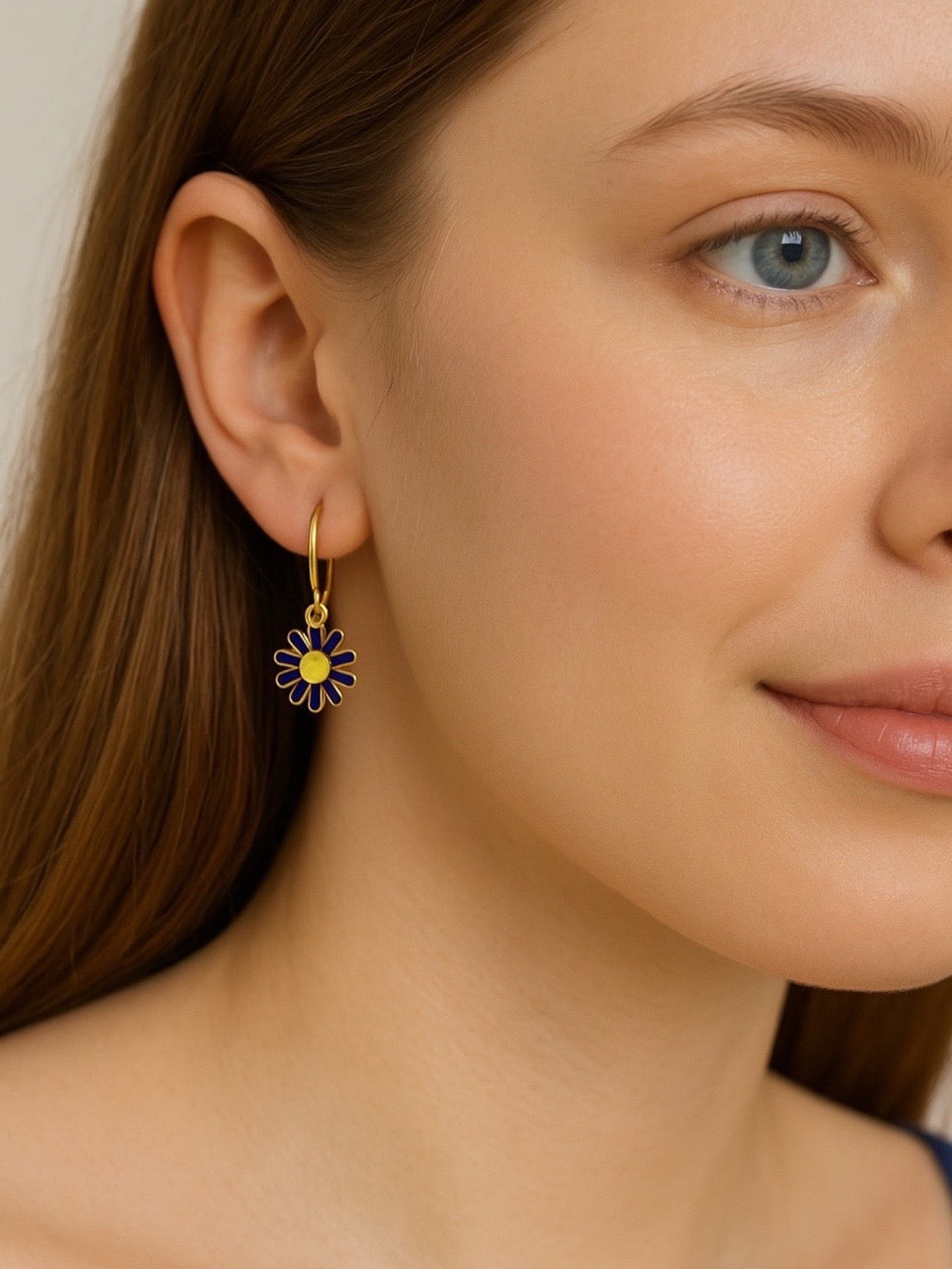 Mini Blue Yellow Flower Dangler Earrings