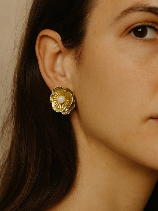 Flower With Pearl Design Western Earrings